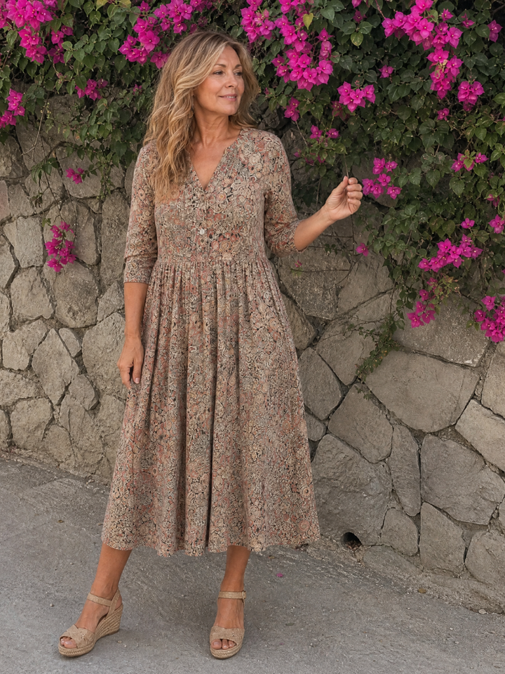 Auvelle | Robe Midi Vintage à Manches Trois Quarts