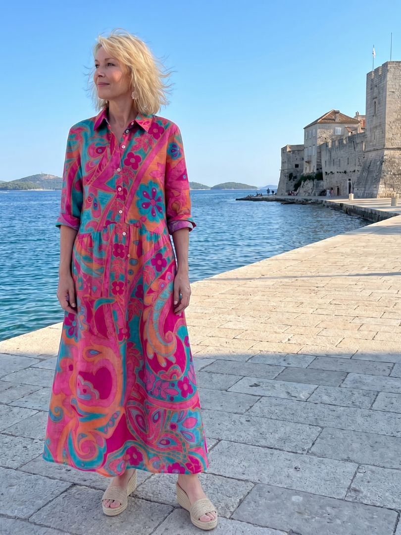 Auvelle | Robe midi à col avec boutons imprimée