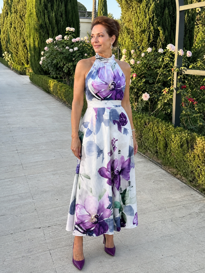 Auvelle | Robe Midi Fluide à Col Halter avec Fleurs Douces
