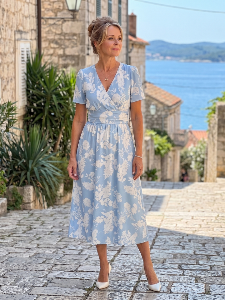 Auvelle | Robe Midi à Manches Courtes Imprimé Floral