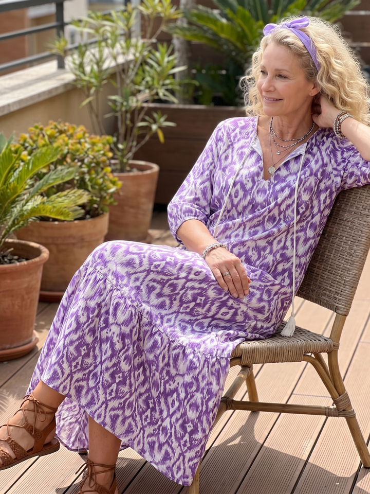 Penelope | Robe midi imprimée à nouage avec pompons