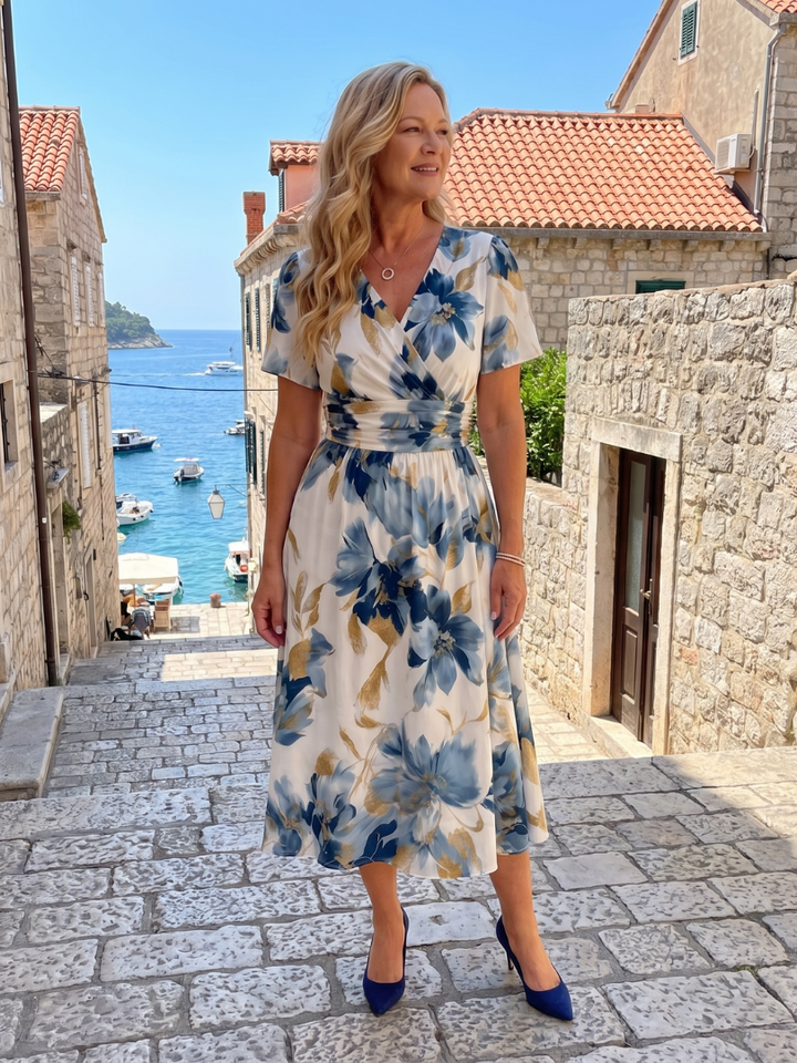 Auvelle | Robe Midi Enveloppe à Manches Courtes Imprimé Floral