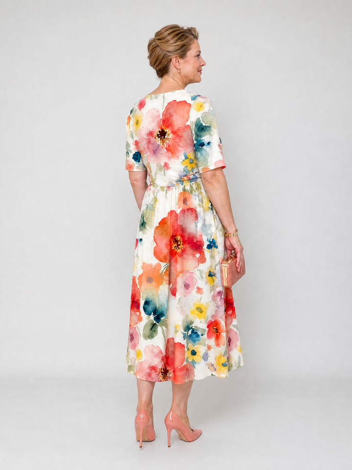 Auvelle | Robe Midi à Imprimé Floral à Manches Courtes et Décolleté en V