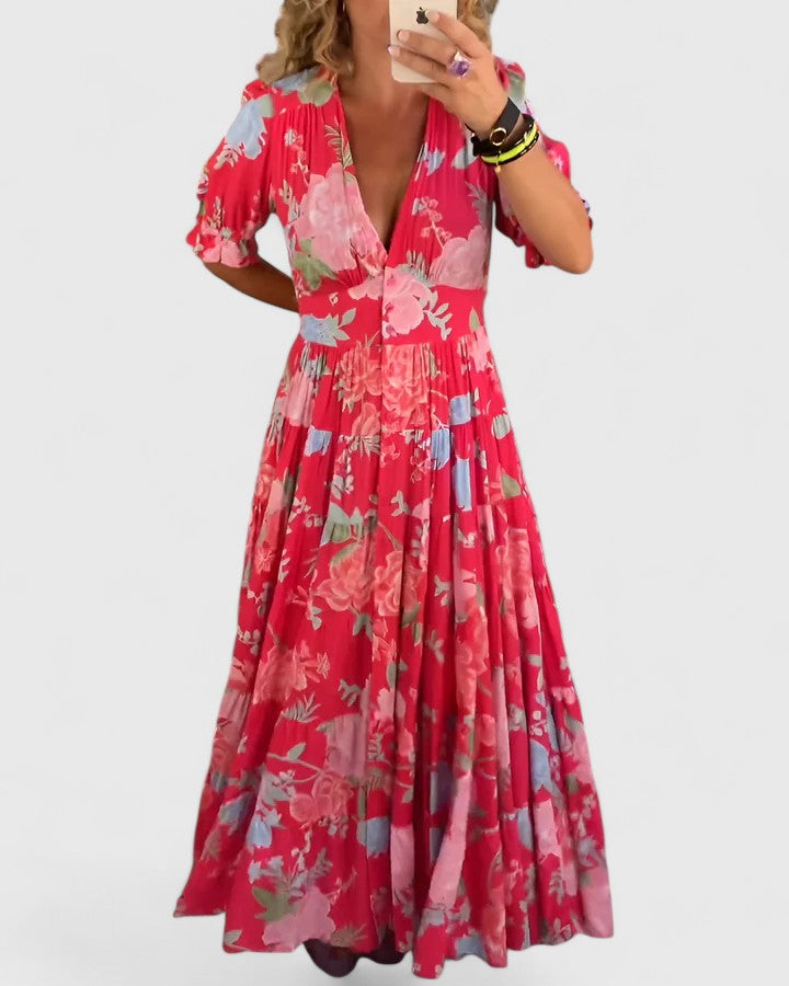 Minelda | Robe élégante à décolleté en V à motifs floraux
