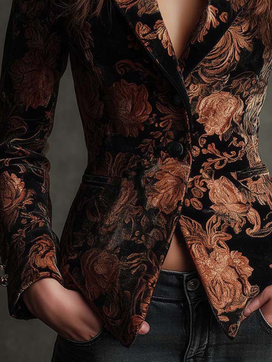 Arabella | Blazer ajusté noir et bronze à motif floral