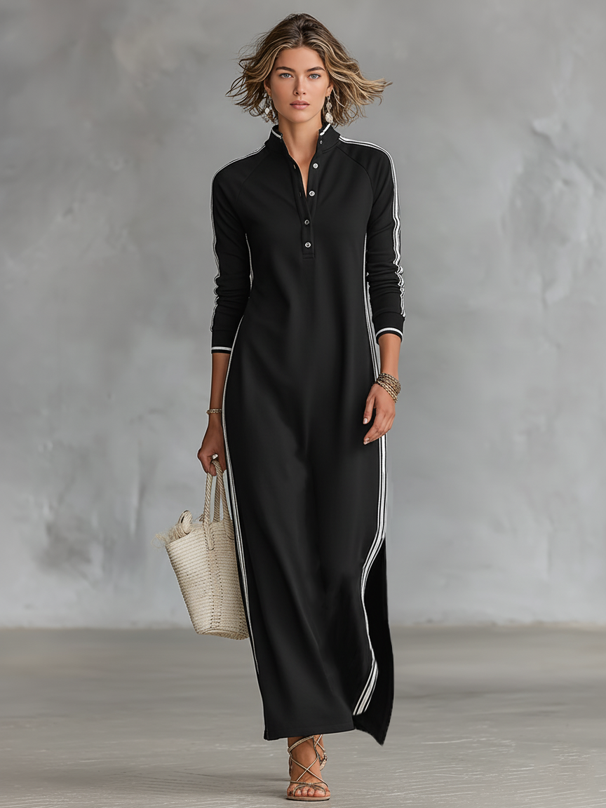 Elena - Robe maxi en molleton à col chemise boutonné
