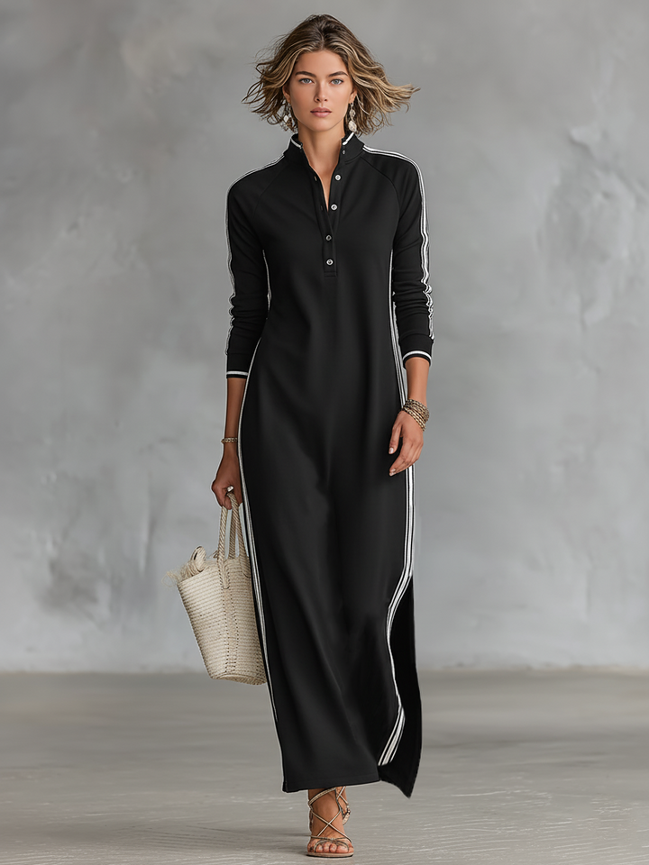 Elena - Robe maxi en molleton à col chemise boutonné
