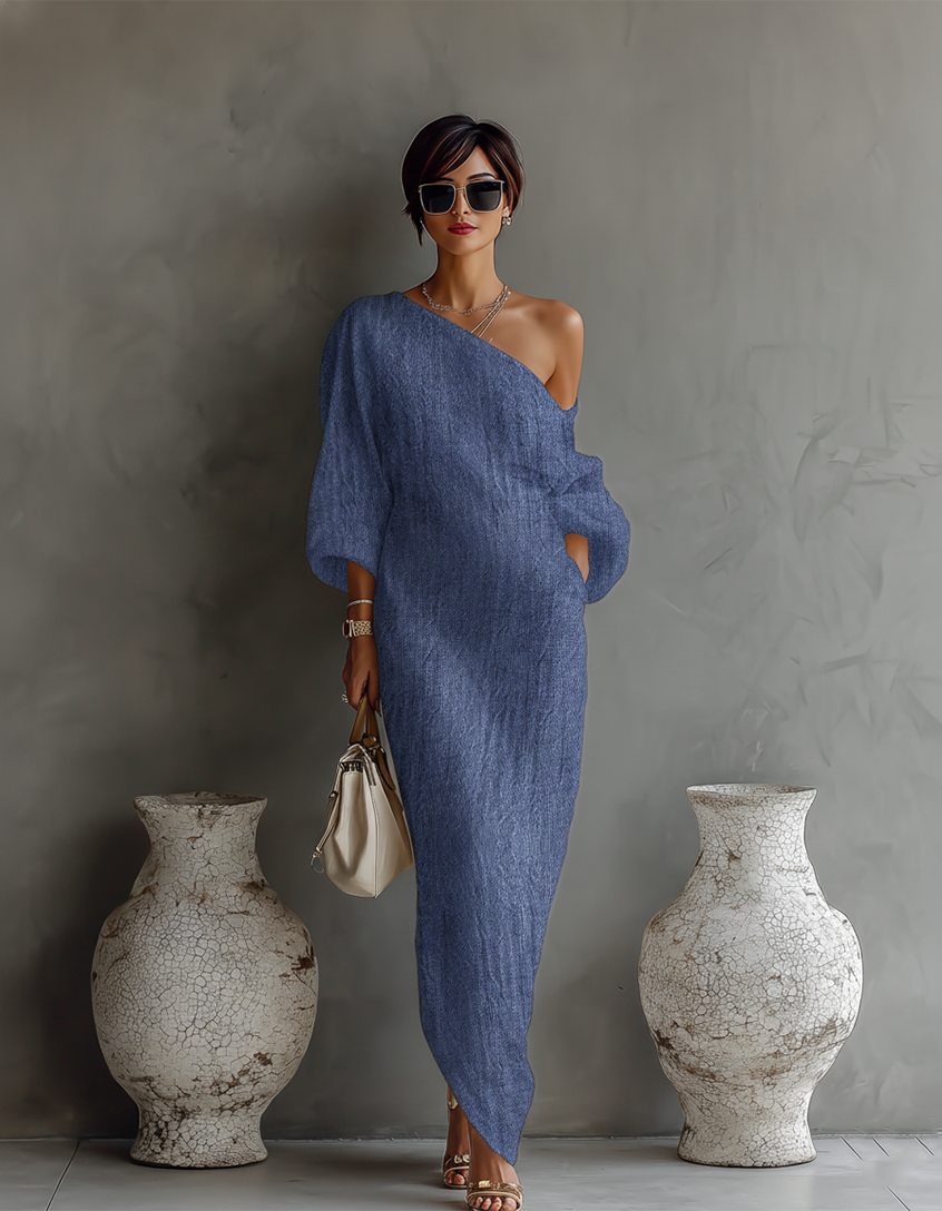Rebecca - Robe fluide ivoire à épaule découverte en mélange de lin
