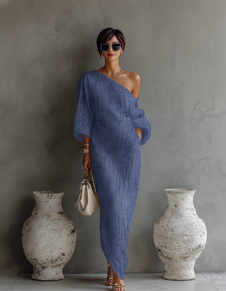 Rebecca - Robe fluide ivoire à épaule découverte en mélange de lin