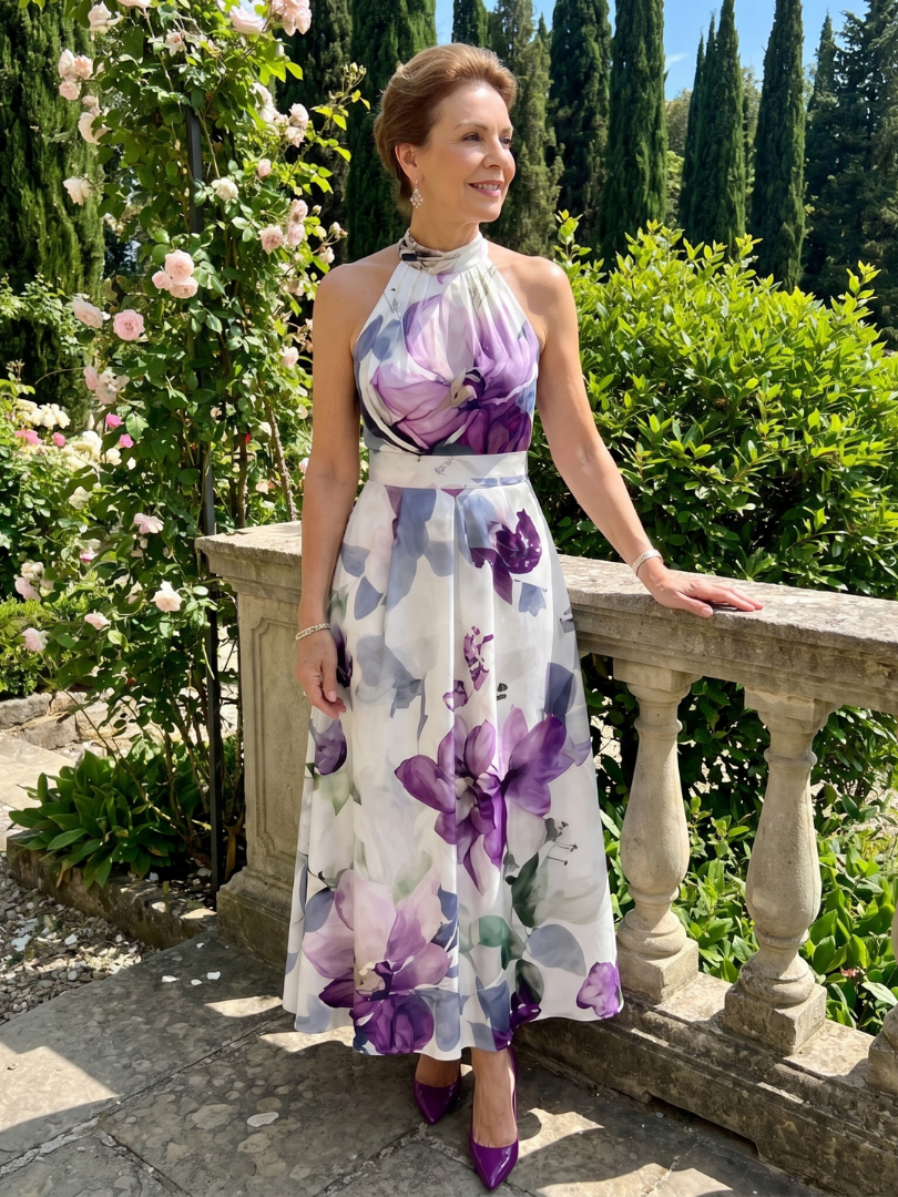 Auvelle | Robe Midi Fluide à Col Halter avec Fleurs Douces