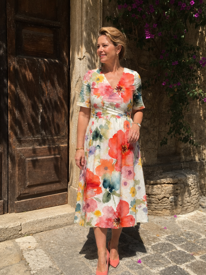 Auvelle | Robe Midi à Imprimé Floral à Manches Courtes et Décolleté en V