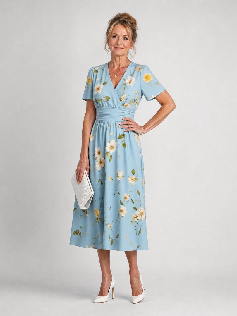 Auvelle | Robe Midi à Manches Courtes Imprimé Floral