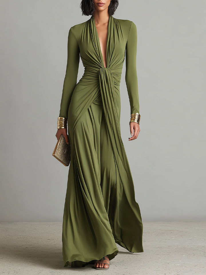 Vittoria - Robe Maxi en Soie Olive avec Décolleté en V Profond