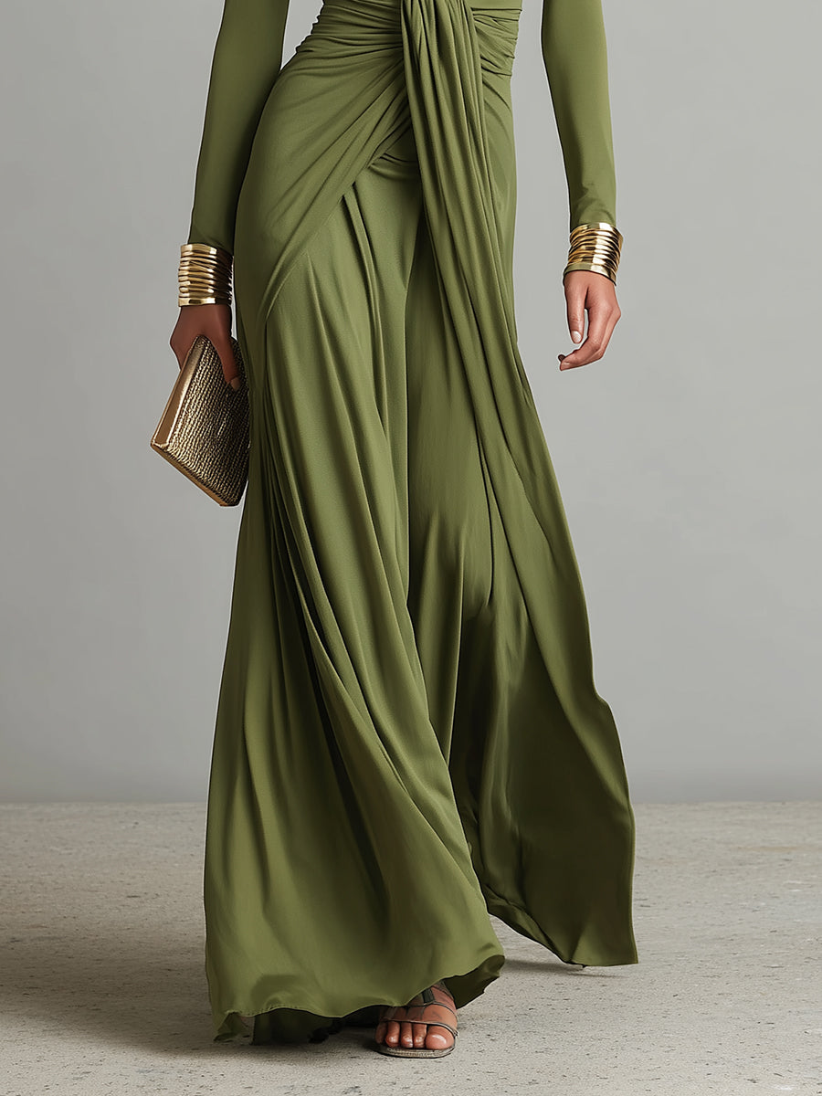 Vittoria - Robe Maxi en Soie Olive avec Décolleté en V Profond