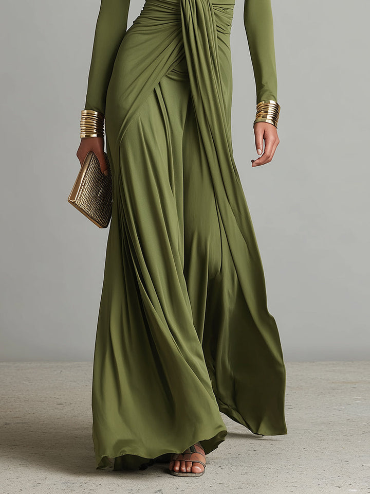 Vittoria - Robe Maxi en Soie Olive avec Décolleté en V Profond