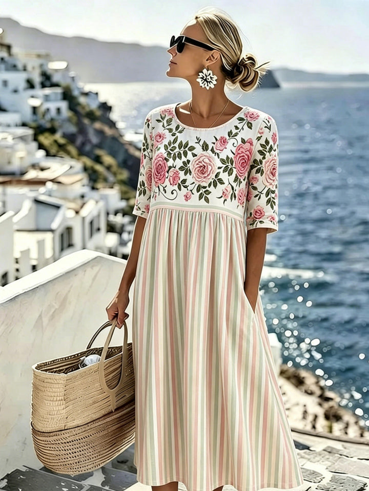 Elodie™ | Robe midi à rayures rose vintage