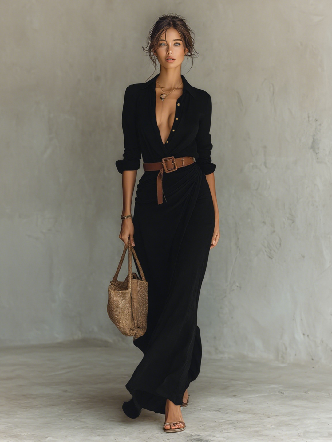 Federica - Robe longue avec revers et manches longues