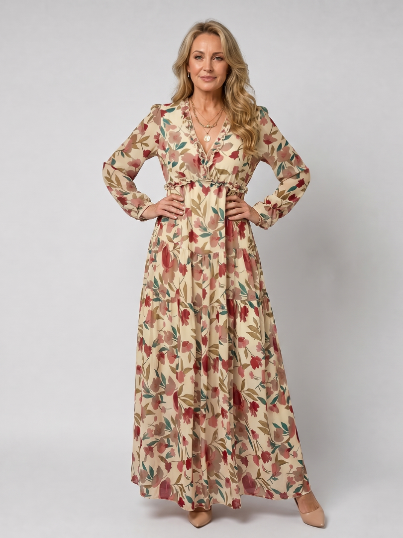 Auvelle | Robe Maxi à Manches Longues Imprimée Florale