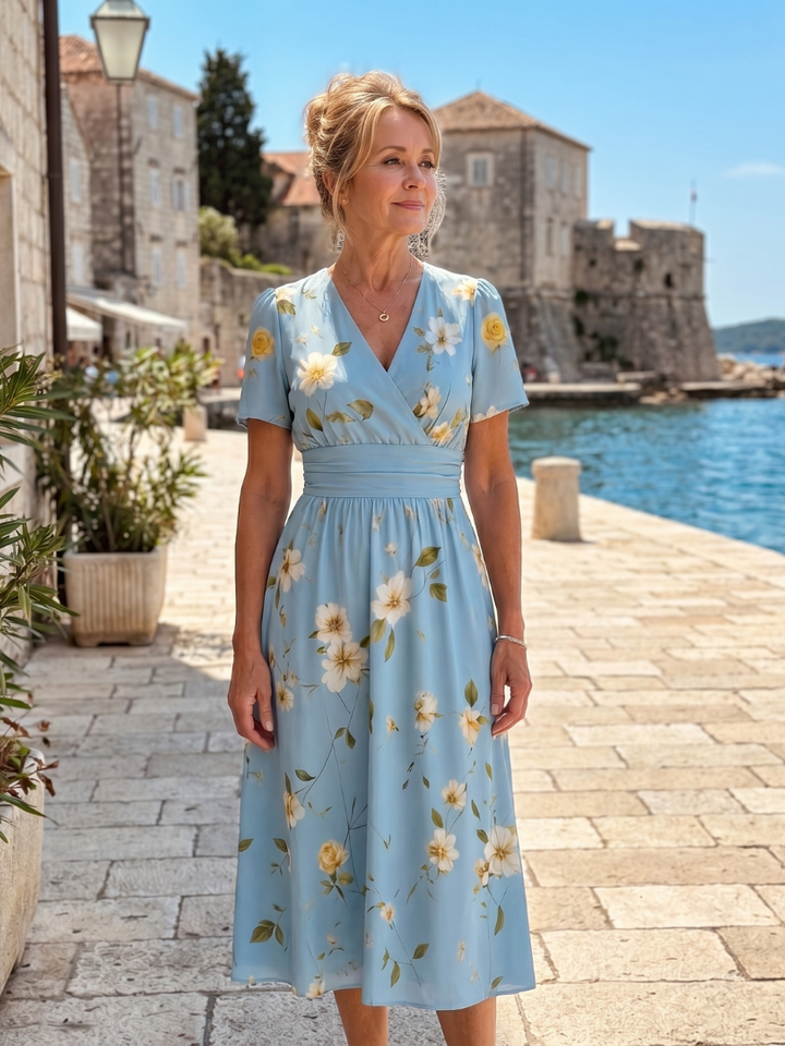 Auvelle | Robe Midi à Manches Courtes Imprimé Floral