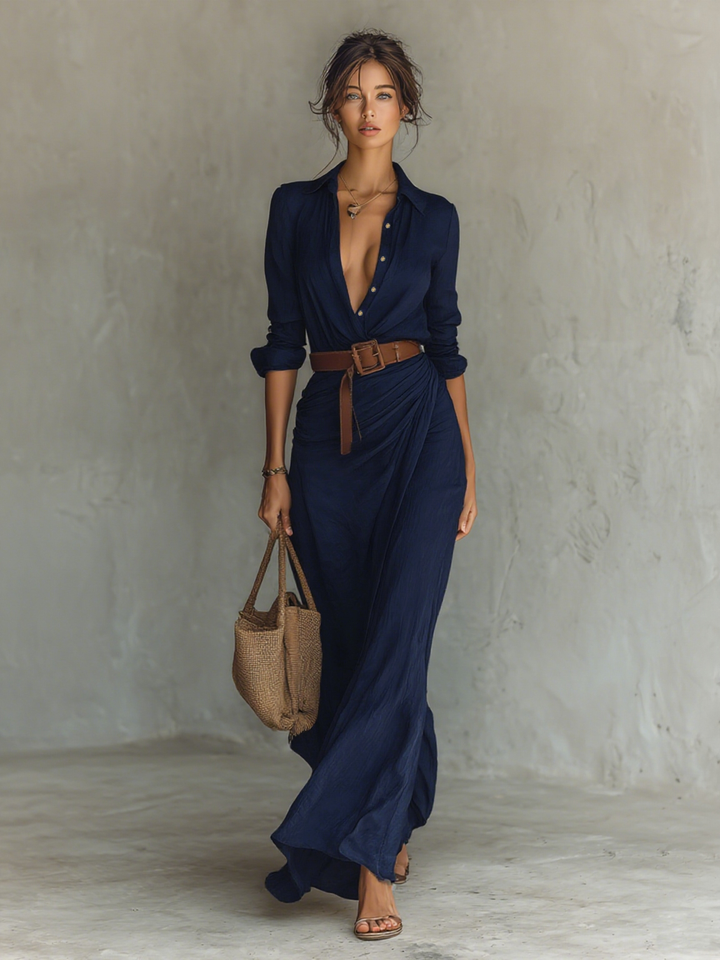 Federica - Robe longue avec revers et manches longues