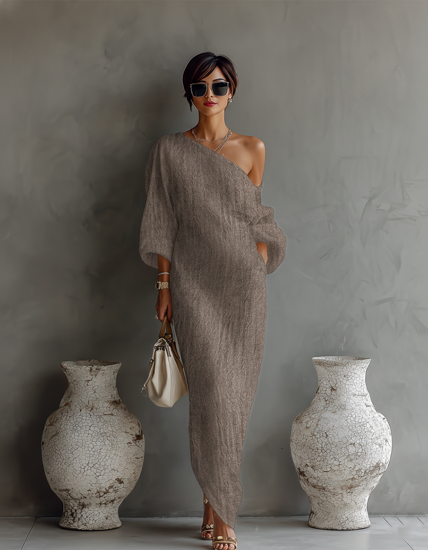 Rebecca - Robe fluide ivoire à épaule découverte en mélange de lin