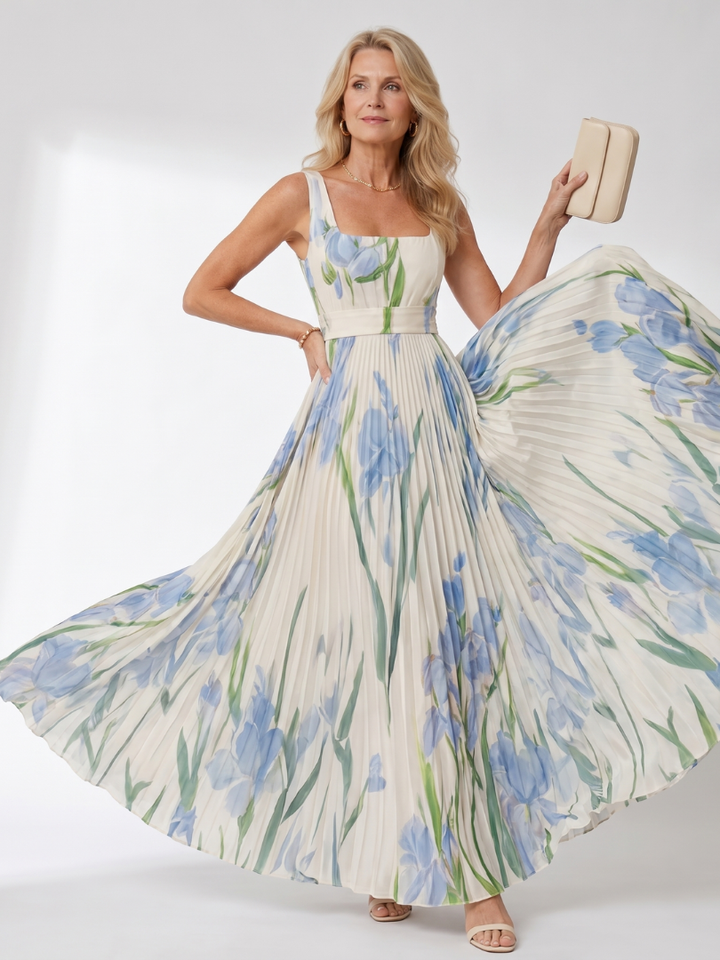 Auvelle | Robe Midi Sans Manches à Encolure Carrée Plissée