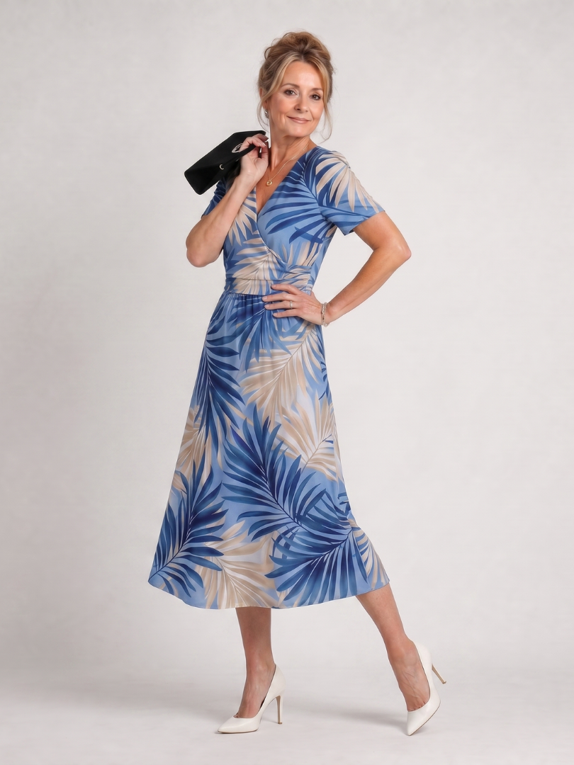 Auvelle | Robe Midi à Manches Courtes Imprimé Floral