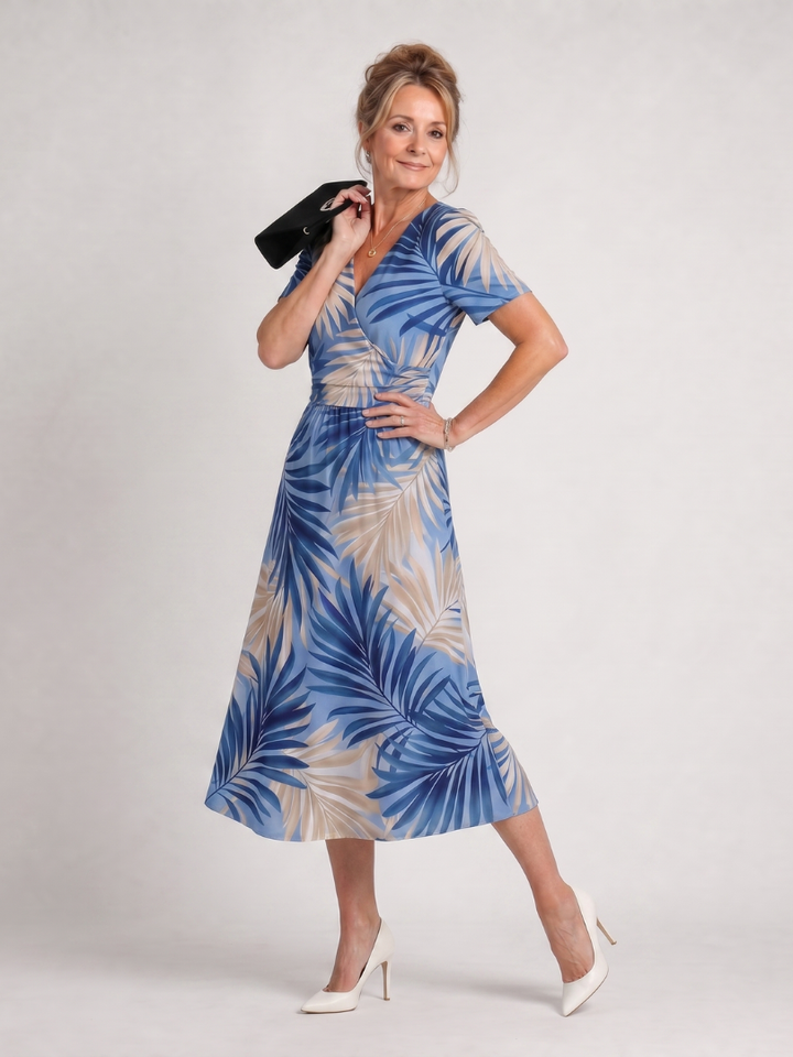 Auvelle | Robe Midi à Manches Courtes Imprimé Floral