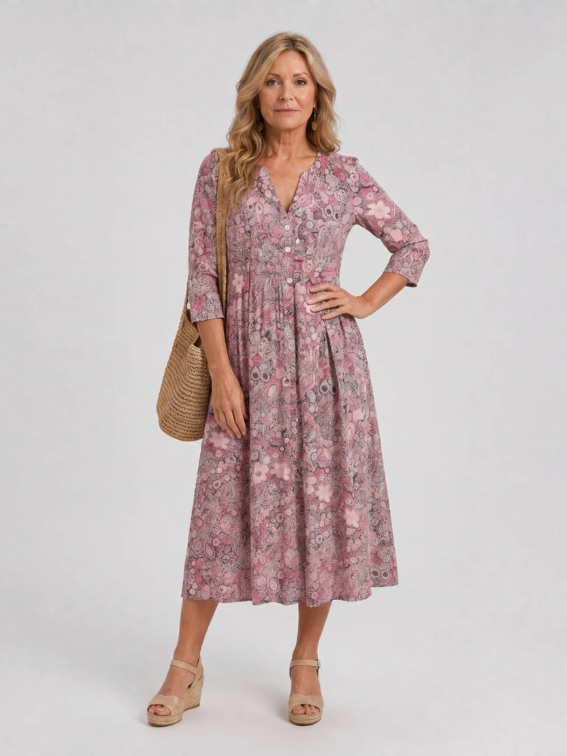 Auvelle | Robe Midi Vintage à Manches Trois Quarts