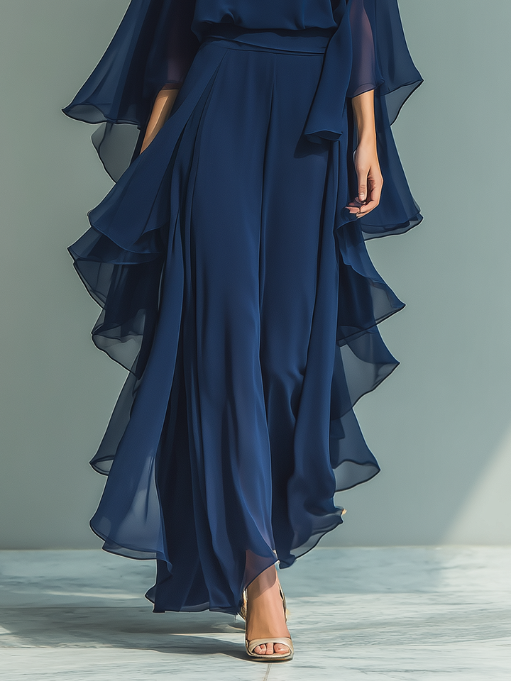 Margherita - Ensemble en chiffon bleu marine avec manches cloche et volant