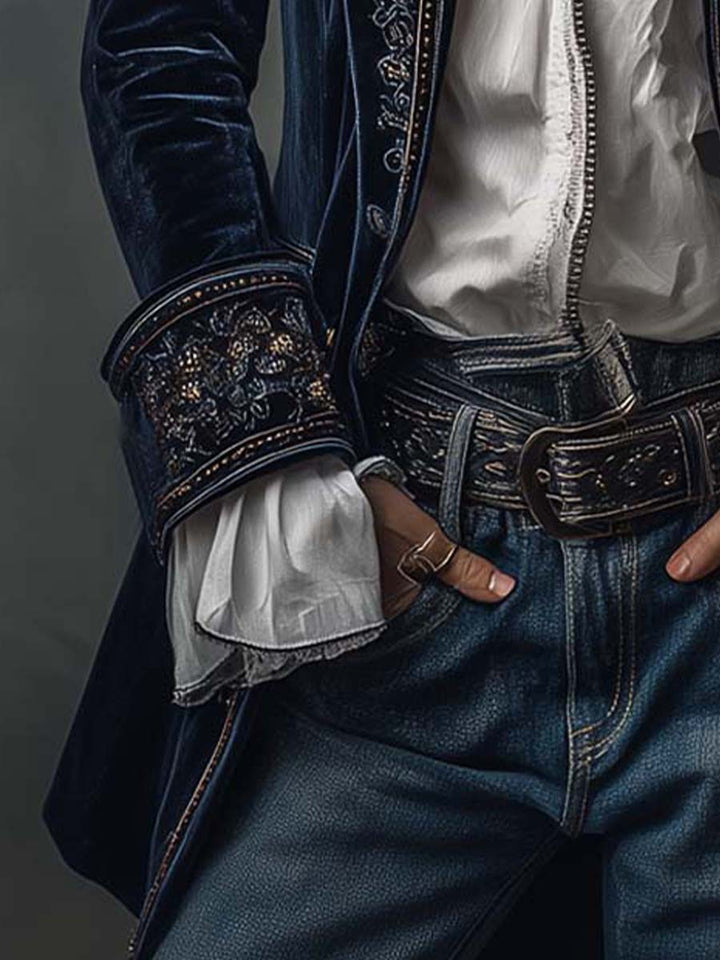 Marguerite | Veste longue brodée bleu marine