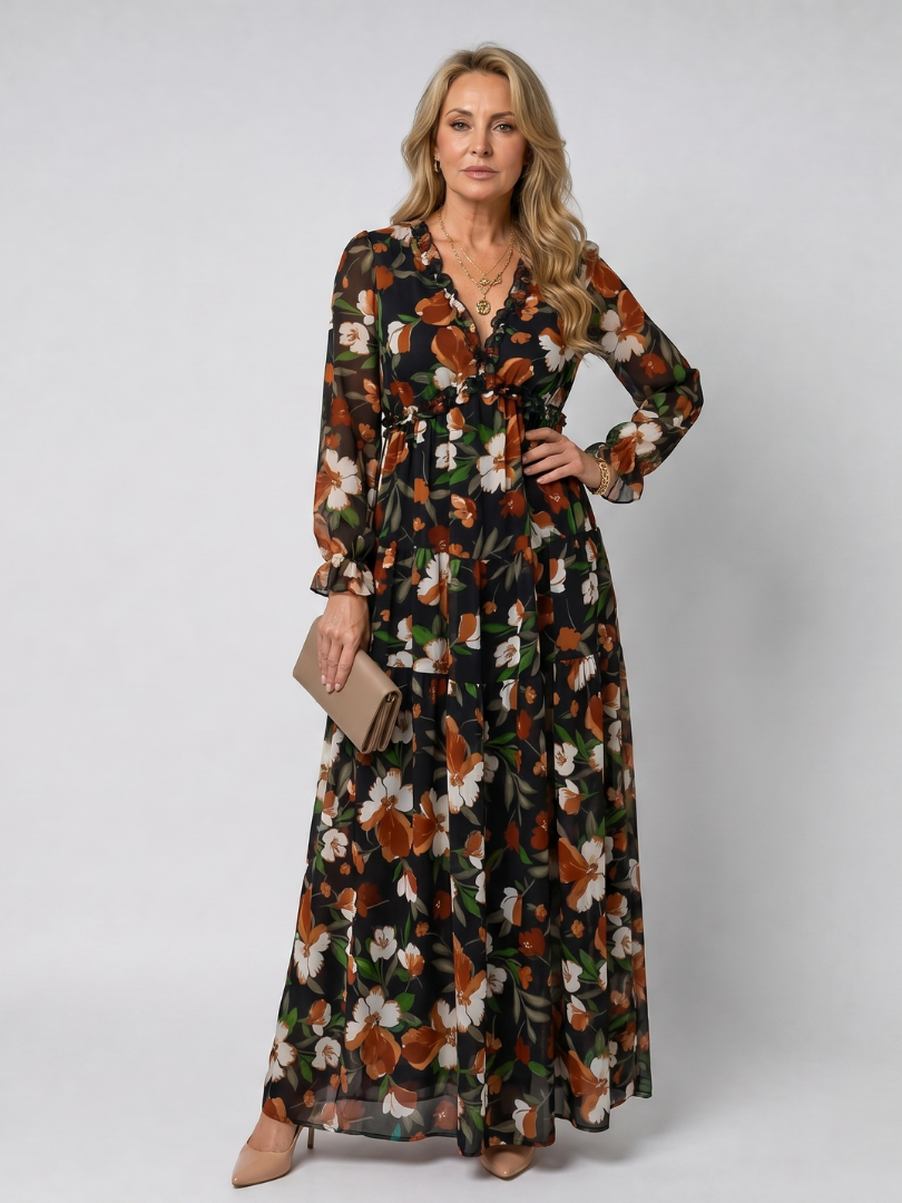 Auvelle | Robe Maxi à Manches Longues Imprimée Florale