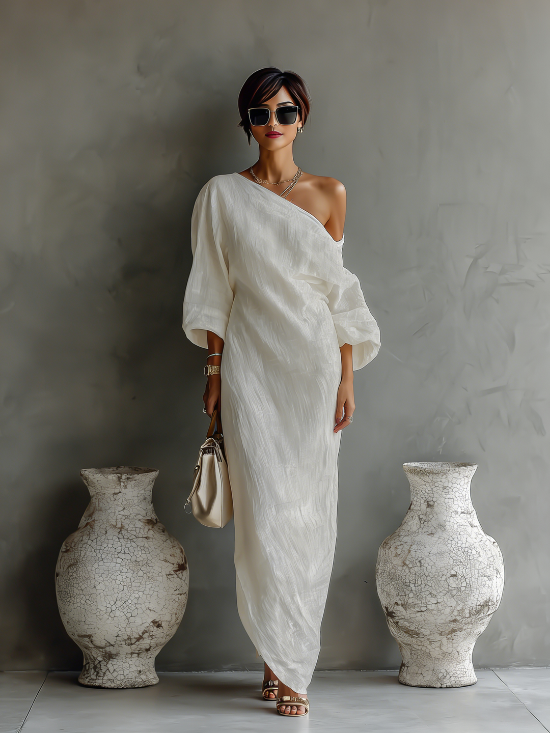 Rebecca - Robe fluide ivoire à épaule découverte en mélange de lin