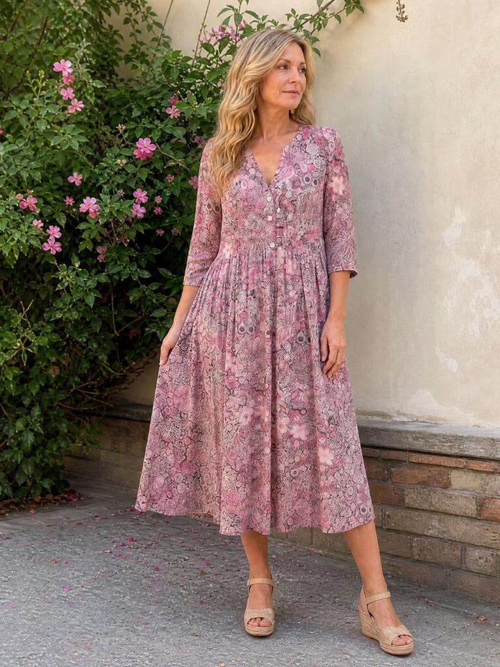 Auvelle | Robe Midi Vintage à Manches Trois Quarts