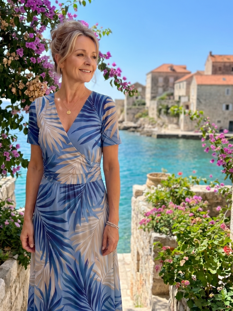 Auvelle | Robe Midi à Manches Courtes Imprimé Floral