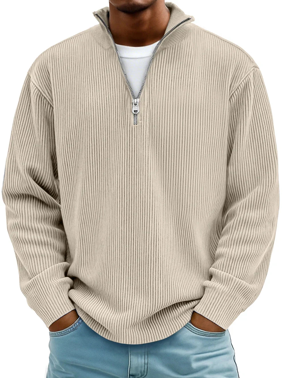 MAISON LUMIÈRE | PULL CLASSIQUE EN MAILLE CÔTELÉE DEMI-ZIP POUR HOMME