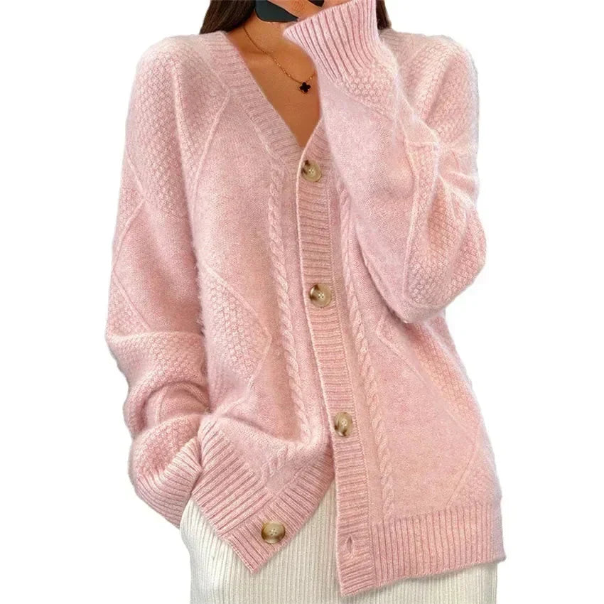 Aaliyah | Cardigan boutonné sur le devant à col en V avec détail en tricot à motif losanges, idéal au quotidien
