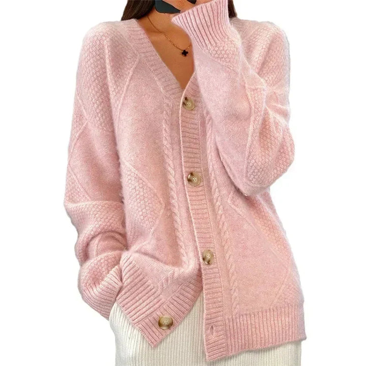 Aaliyah | Cardigan boutonné sur le devant à col en V avec détail en tricot à motif losanges, idéal au quotidien