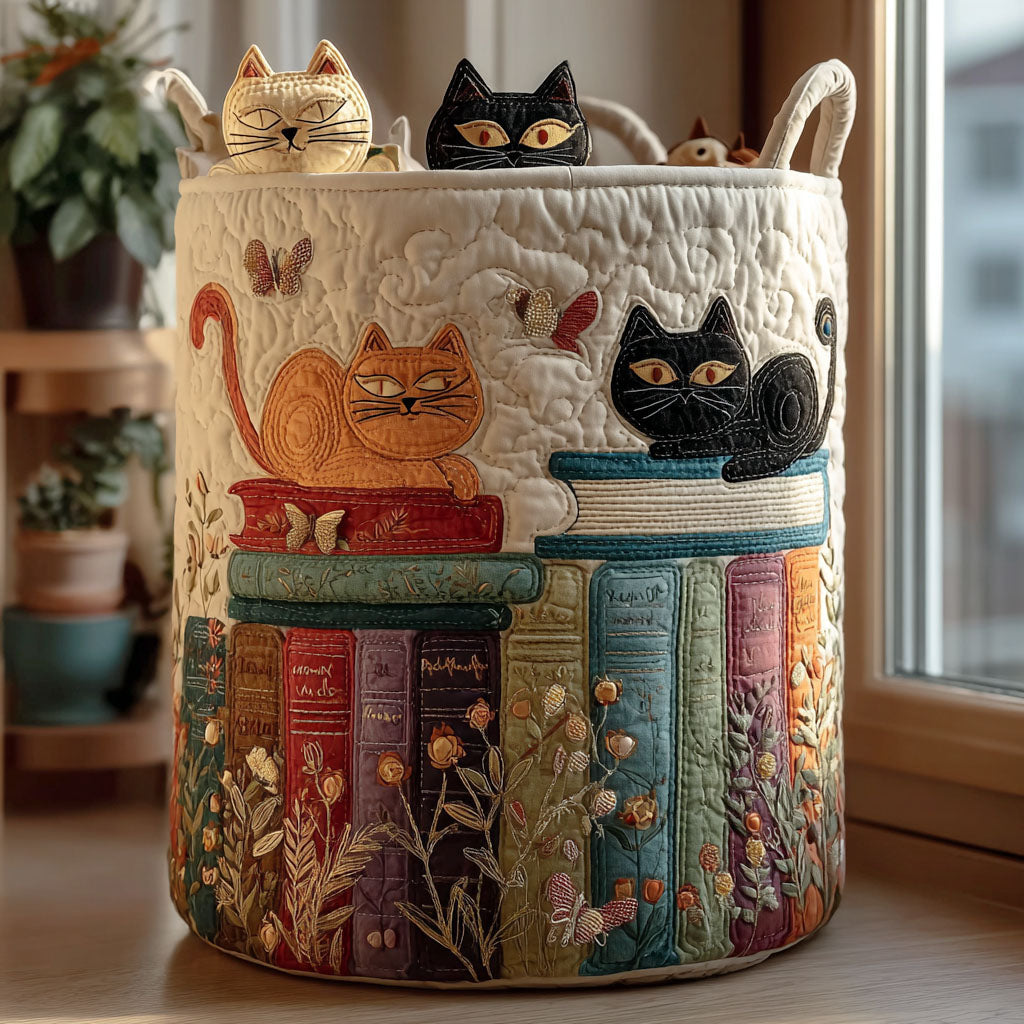 Chat et Livres | Panier de Rangement Matelassé