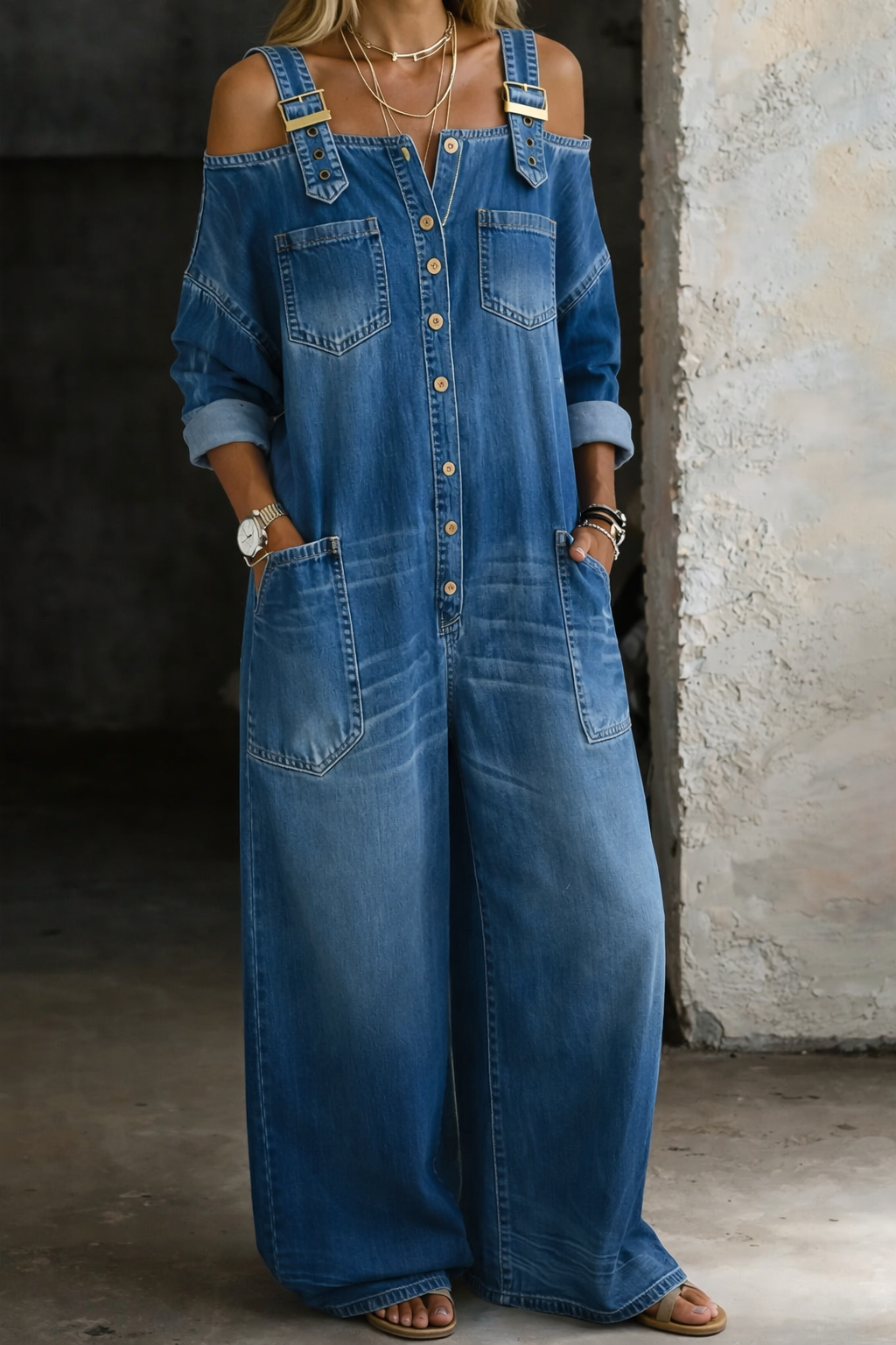 Sophia | Combinaison en denim à épaules découvertes