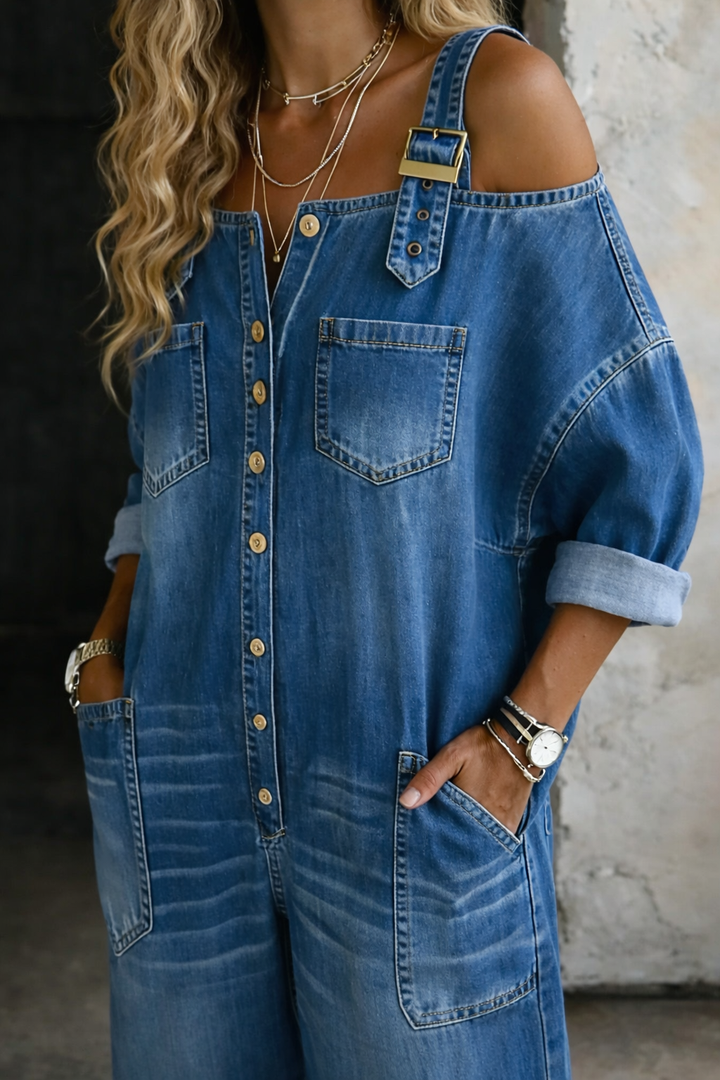 Sophia | Combinaison en denim à épaules découvertes