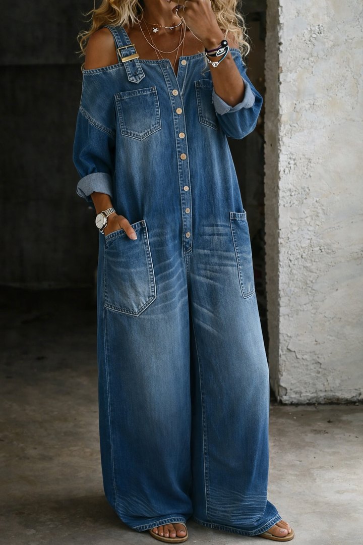 Sophia | Combinaison en denim à épaules découvertes
