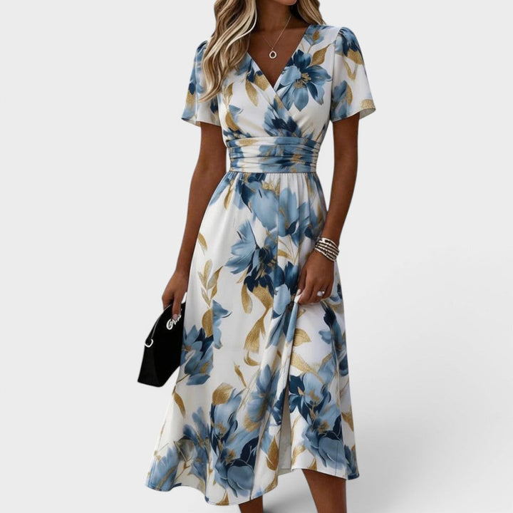 Denise | Robe midi portefeuille à motif floral avec ceinture à nouer à la taille