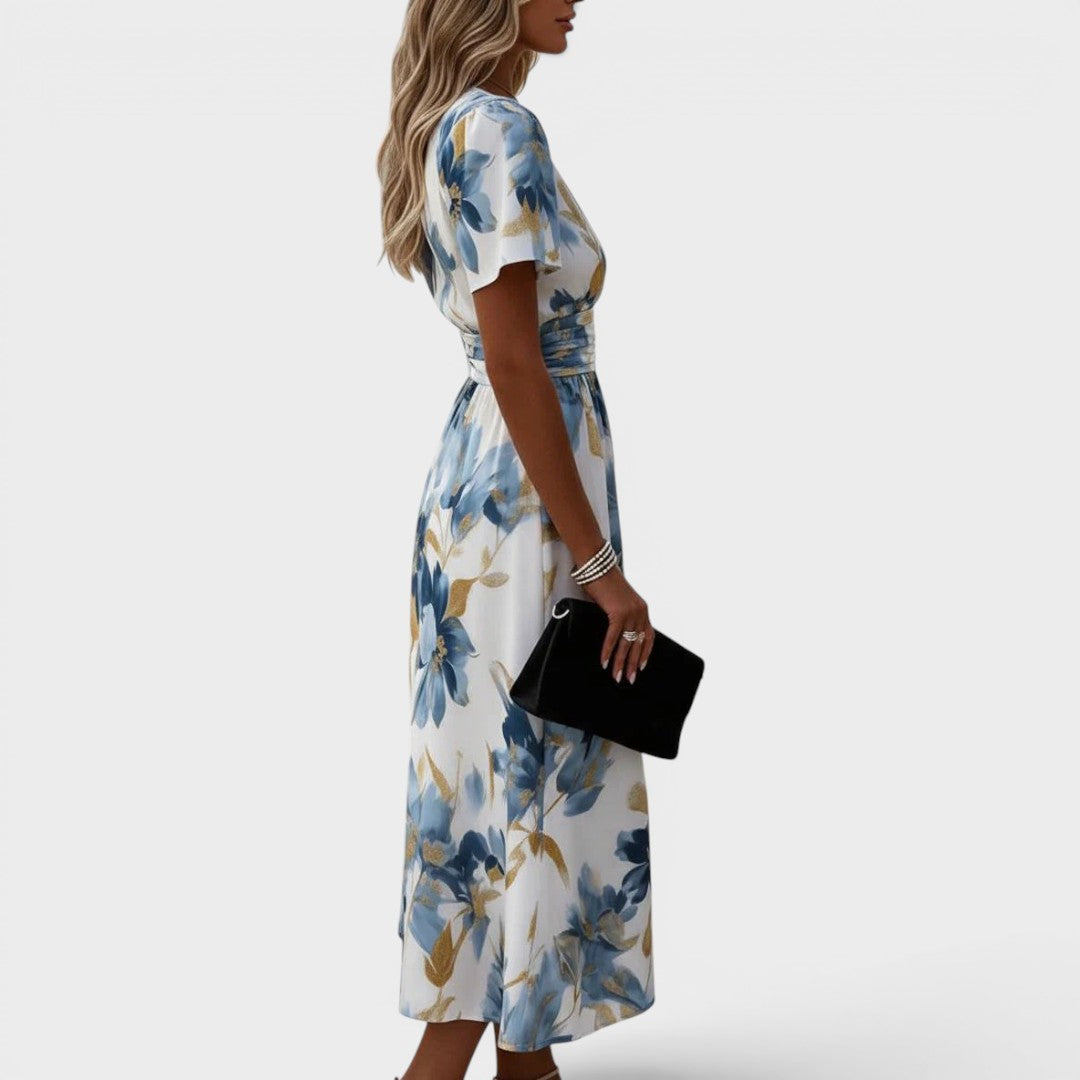 Denise | Robe midi portefeuille à motif floral avec ceinture à nouer à la taille