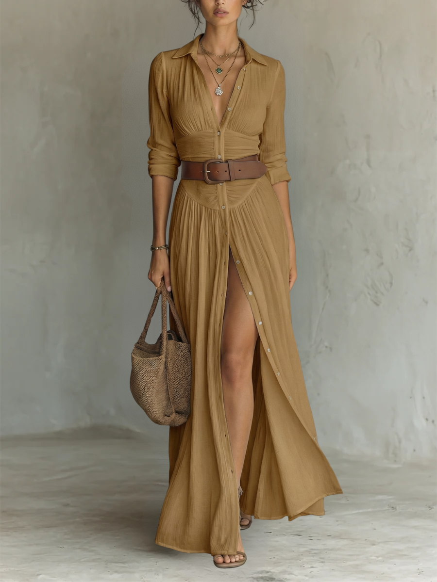 Cecilia - Robe longue en lin avec revers et manches longues