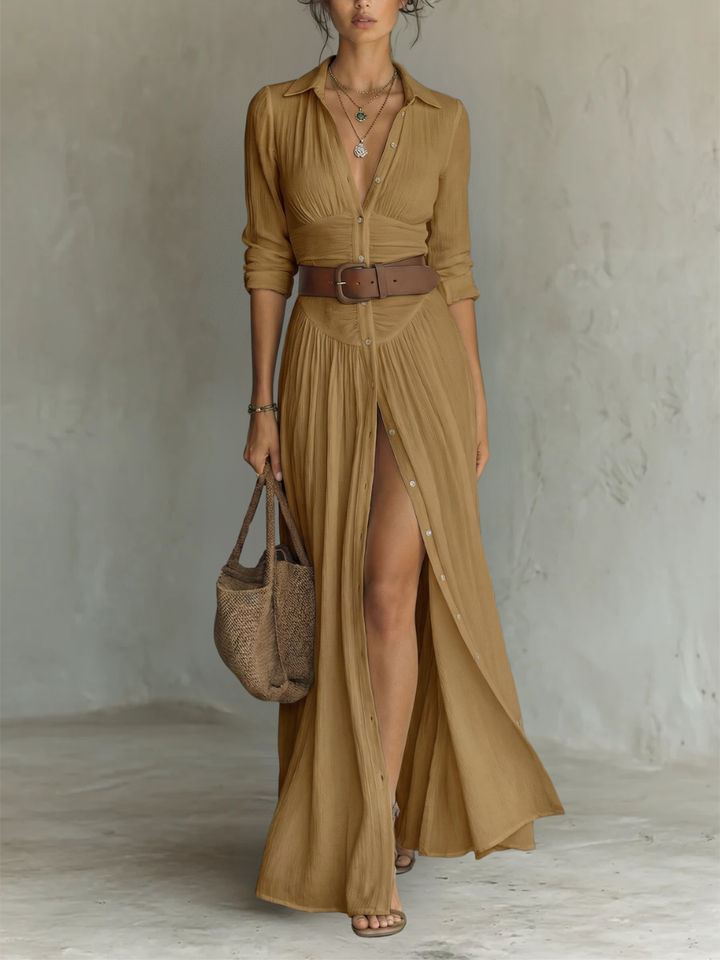 Cecilia - Robe longue en lin avec revers et manches longues
