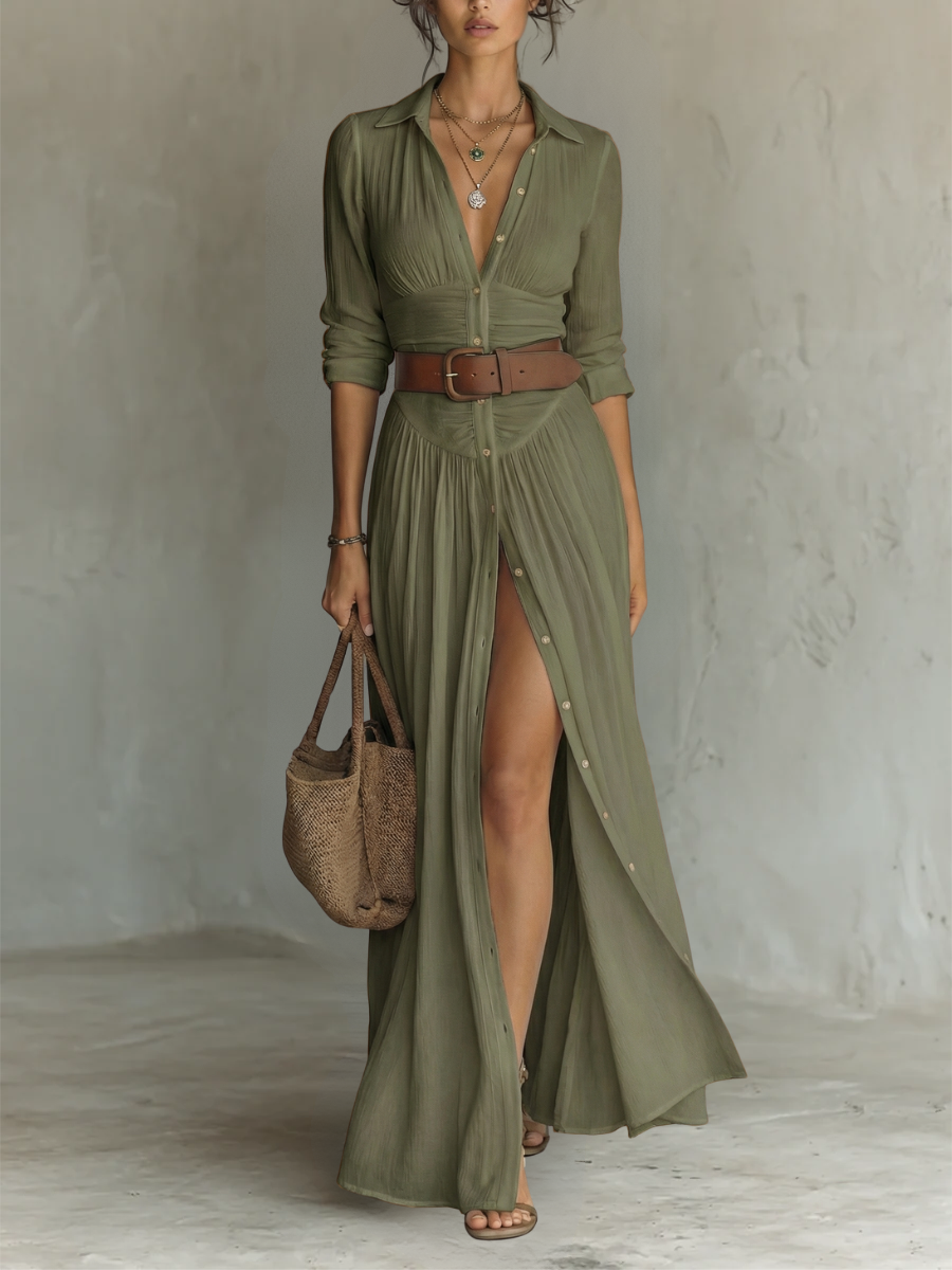 Cecilia - Robe longue en lin avec revers et manches longues
