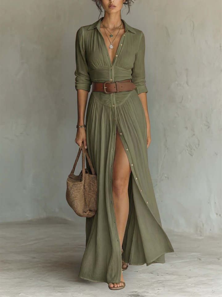 Cecilia - Robe longue en lin avec revers et manches longues