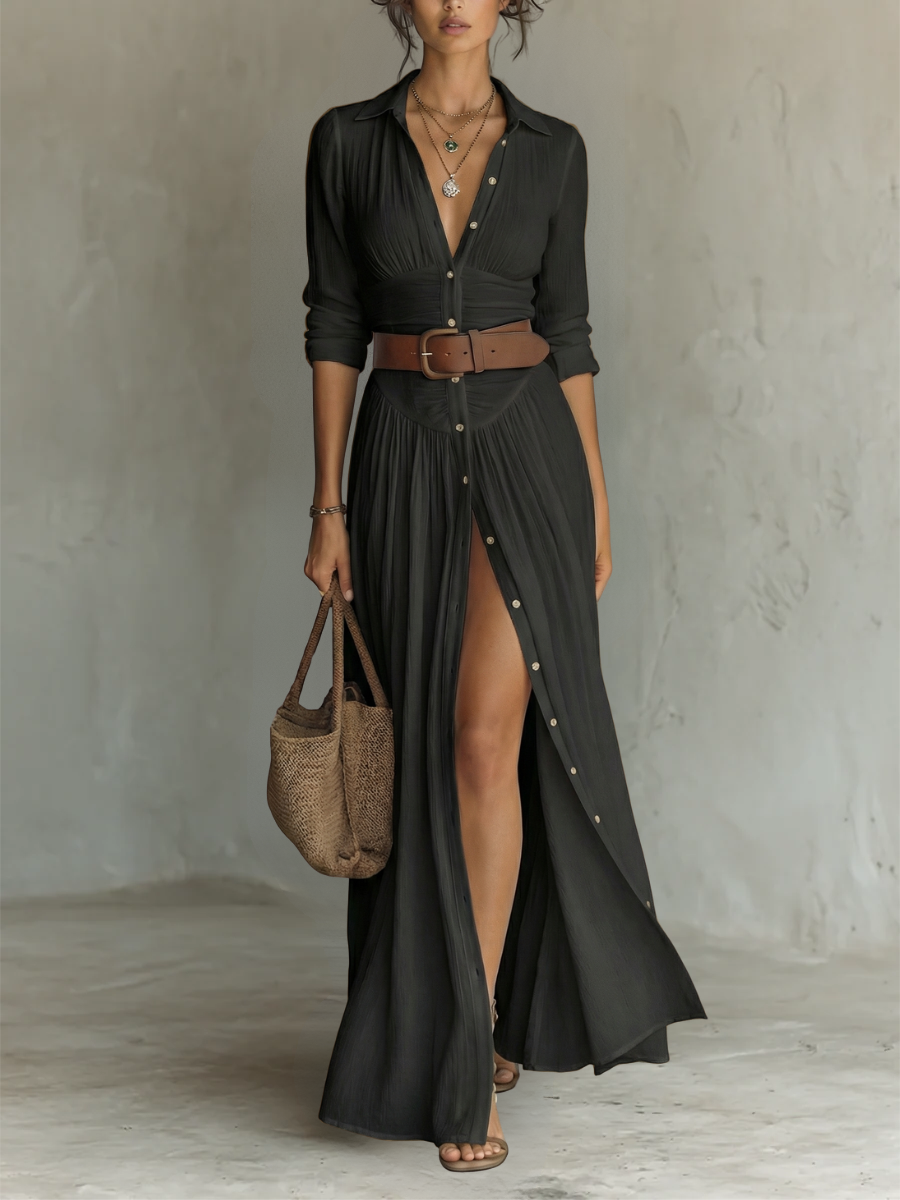 Cecilia - Robe longue en lin avec revers et manches longues