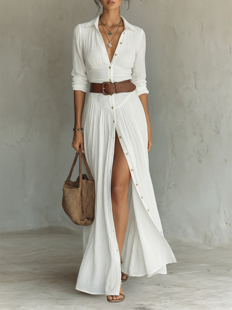 Cecilia - Robe longue en lin avec revers et manches longues